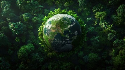 Earth surrounded by dense green forest representing environmental conservation and nature preservation
