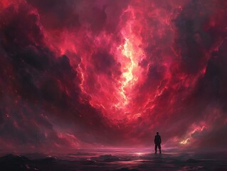 Obraz premium Silhouette gazes at celestial phenomenon of luminous red clouds and energy