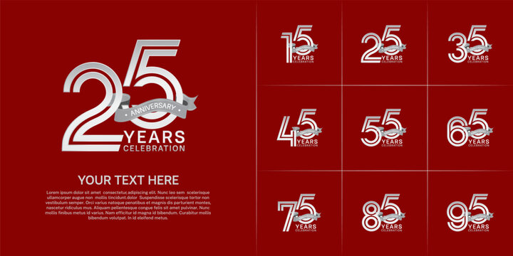 Anniversary logo style double line number set. white color with grey ribbon for celebration event