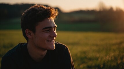 Young man smiling in golden sunlight, portrait against a green meadow. Joy and warmth in a peaceful moment.
