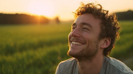 Young man smiling in golden sunlight, portrait against a green meadow. Joy and warmth in a peaceful moment.
