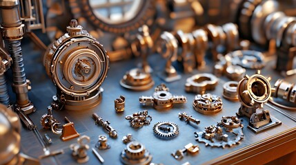 Intricate metallic machinery parts arranged on a workshop table.