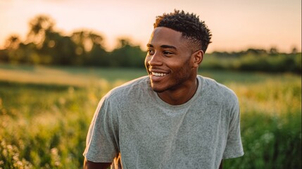 Young man smiling in golden sunlight, portrait against a green meadow. Joy and warmth in a peaceful moment.
