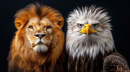 Close-up of a majestic lion and a fierce bald eagle side by side against dark background © Rattapoom
