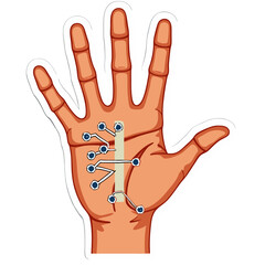 Illustration of a hand with a digital circuit graphic overlayed on the palm concept