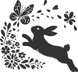 Vector animal drawing of a cute floral bunny silhouette isolated 