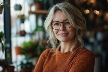 Smiling Blonde Woman in Cozy Indoor Cafe. Natural Light and Autumn Style Portrait with Glasses