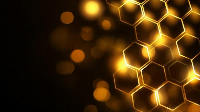 Abstract background with glowing honeycomb shapes, golden light, and bokeh on a black backdrop