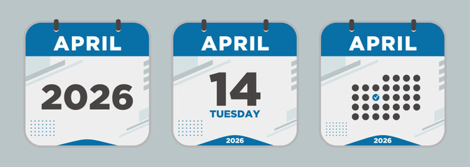 Modern Calendar icon. April. 2026 14 day. The concept of waiting for an important date. Day calendar with date April 14. Cheklist day calendar. Vector illustration.