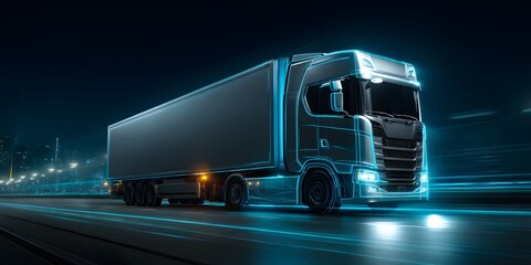 A futuristic autonomous semi truck with a cargo trailer navigates the highway at night its advanced lights and technology cutting through the darkness
