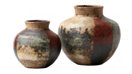 Two handcrafted pottery vases with earthy tones, red, green, black, and brown, stand on a transparent background, showcasing the beauty of traditional craftsmanship