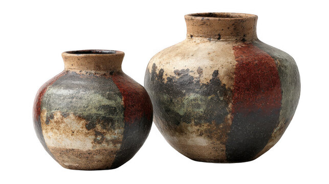 Two handcrafted pottery vases with earthy tones, red, green, black, and brown, stand on a transparent background, showcasing the beauty of traditional craftsmanship