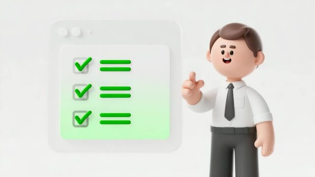 3D Cartoon Businessman Confirming Green Checklist Tasks With Proud Smile and Nod