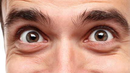 Close up of a man making an uneasy grin, his eyes darting side to side, conveying nervousness, suspicion, or hidden motives, against a transparent background