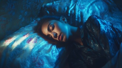 A woman lies asleep her features softly illuminated by a mysterious ethereal light creating a captivating intimate portrait of rest and introspection