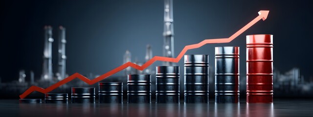 An image depicting the rising production and growth in the oil and energy industry showcased through a chart with increasing barrel levels and an urban skyline in the background