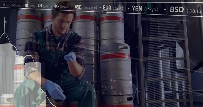 Brewery technician grabbing glove while preparing brew as financial overlay animates currency chart