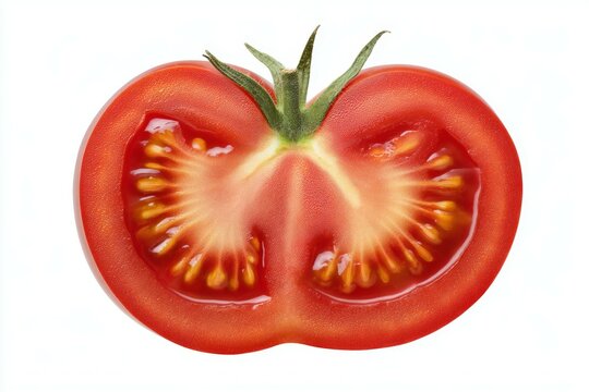 Close-up of sliced juicy red tomato with visible seeds and green stem on white background