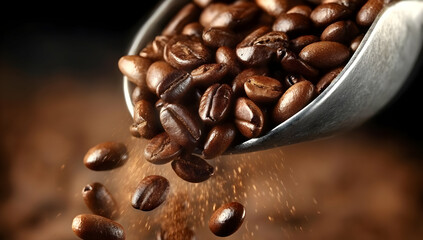 Fresh coffee beans spilling from a metallic scoop onto a wooden surface, showcasing rich textures and colors.