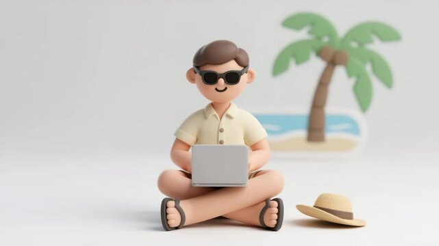 3D Cartoon Man Sitting and Typing on Laptop With Beach Background