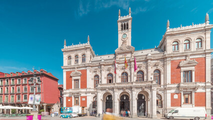 Obraz premium Town hall facade with flags in Plaza Mayor, Valladolid, Spain