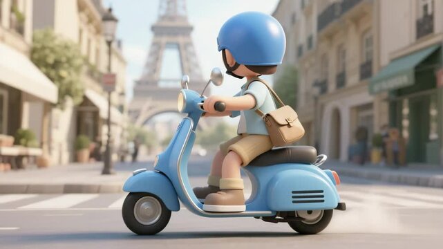 3D Cartoon Character Riding Vintage Scooter Through Cobblestone Paris Streets Past Tower
