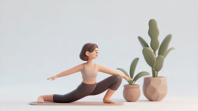 3D Cartoon Woman Transitioning From Yoga Pose Into Seated Meditation With Slow Breath