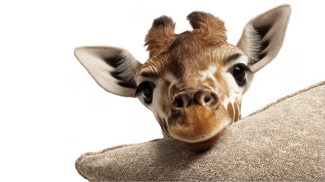 Curious giraffe peeks its head over a beige cushion, its gentle eyes and unique patterns captivating against the transparent background, creating a whimsical and endearing scene