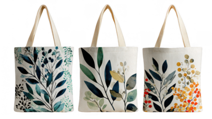 Three reusable fabric tote bags featuring unique nature inspired prints of leaves, berries, and floral accents, set against a transparent background for eco conscious shopping