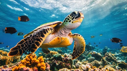 Obraz premium Vibrant underwater scene featu a majestic sea turtle swimming over colorful coral reef with tropical fish