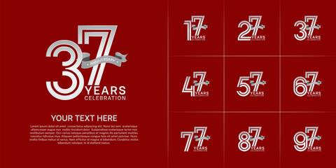 Anniversary logo style double line number set. white color with grey ribbon for celebration event