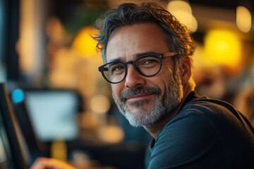 Confident Businessman Portrait. Professional Midlife Male Smiling Indoors with Casual Attire in Creative Work Environment