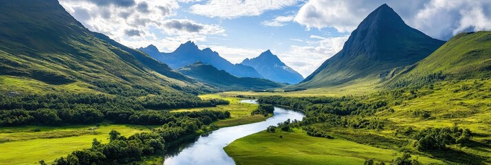 Aerial view of a green valley framed by towering mountain peaks, with a winding river reflecting the sky