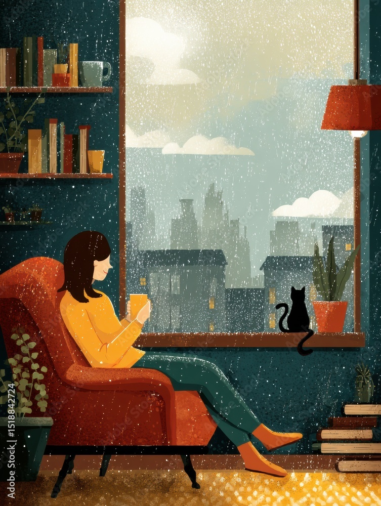 Poster cozy indoor moments with a cat on a rainy day while sipping tea and enjoying the views from the wind