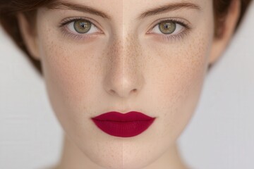 Graceful close-up of a serene woman with luminous skin and striking eyes, perfect for promoting skincare, beauty balance and facial wellness.