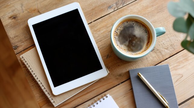 Coffee and tablet on a wooden table with notepad and pen for a cozy working atmosphere