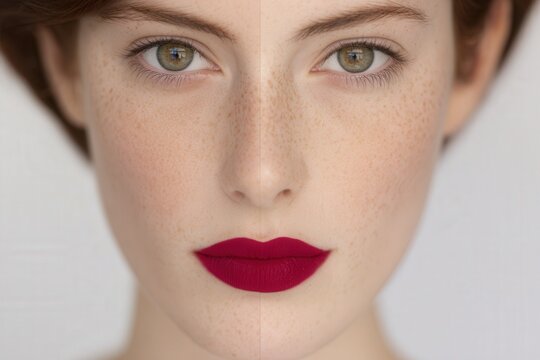 Graceful close-up of a serene woman with luminous skin and striking eyes, perfect for promoting skincare, beauty balance and facial wellness.