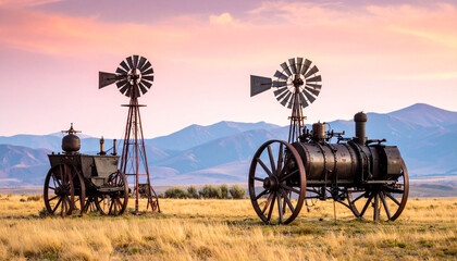 Vintage Farm Equipment and Windmills at Sunset Rustic Landscape