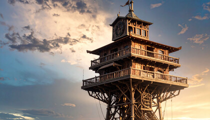 Majestic Wooden Tower at Sunset Dramatic Sky Architectural Wonder Elevated Structure