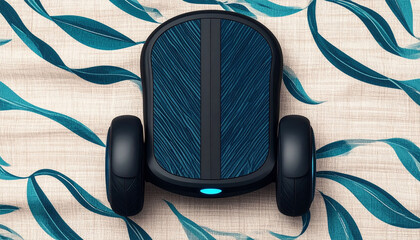 Stylish Electric Scooter on Teal Leaf Patterned Fabric Background Top View