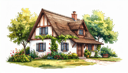 Charming Watercolor Cottage House in Lush Garden Setting Perfect for Postcard or Book Illustration