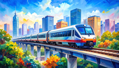 High speed train traveling on an elevated track above a vibrant cityscape with autumn trees