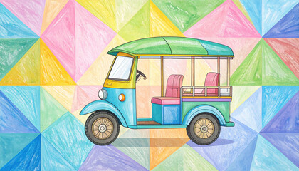 Colorful Tuk Tuk Illustration Against a Geometric Pastel Background Perfect for travel brochures and children's books