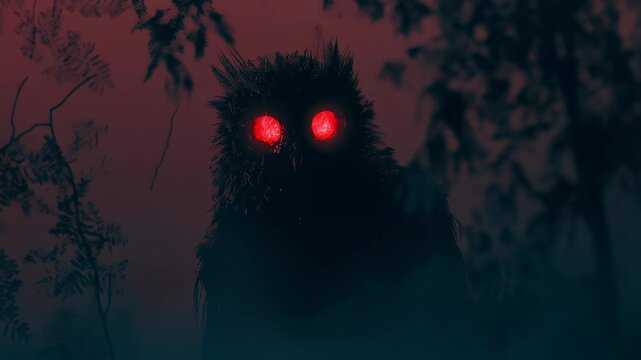 Creepy owl with glowing red eyes in the dark forest at night scene