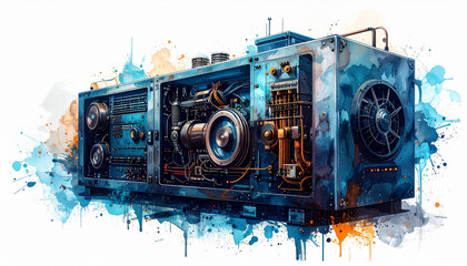 Powerful Industrial Machine Detailed Blue Engine Mechanical Parts Watercolor Splatter Background