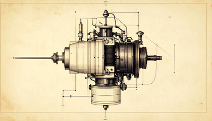 Detailed Engineering Drawing of a Vintage Engine Mechanical Blueprint Illustration of a Classic Machine