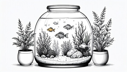 Charming Glass Jar Aquarium with Small Fish and Potted Plants Home D cor Illustration