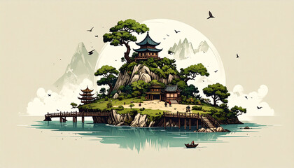Serene Island Temple Asian Architecture Tranquil Landscape Peaceful Scene
