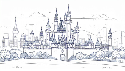 Majestic Fairytale Castle Skyline Sketch Modern Cityscape Dreamlike Illustration