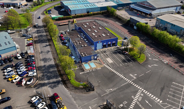 Drone Aerial view of Driver and Vehicle Agency DVA Test Centre Pennybridge Industrial Estate Ballymena Co Antrim Northern Ireland 03-05-25